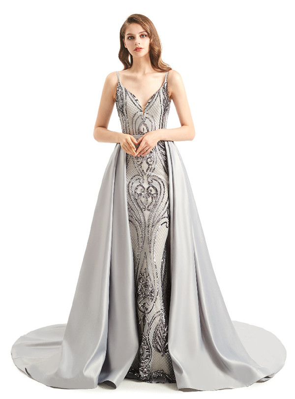 Silver Gray Mermaid Spaghetti Straps Prom Dress With Detachable Train