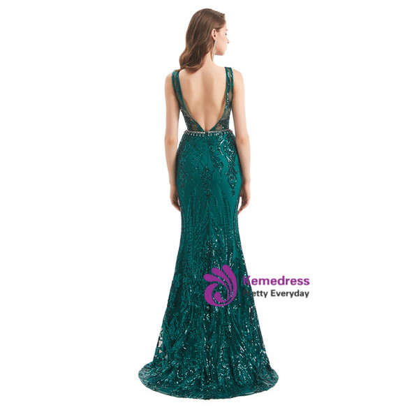 Green Mermaid Open Back Sleeveless Beading Prom Dress