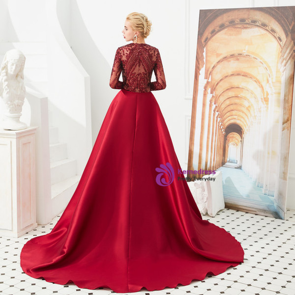 Trendy Burgundy Mermaid Sequins Long Sleeve Prom Dress With Removable Train