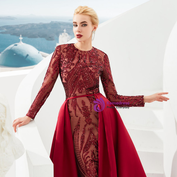 Trendy Burgundy Mermaid Sequins Long Sleeve Prom Dress With Removable Train