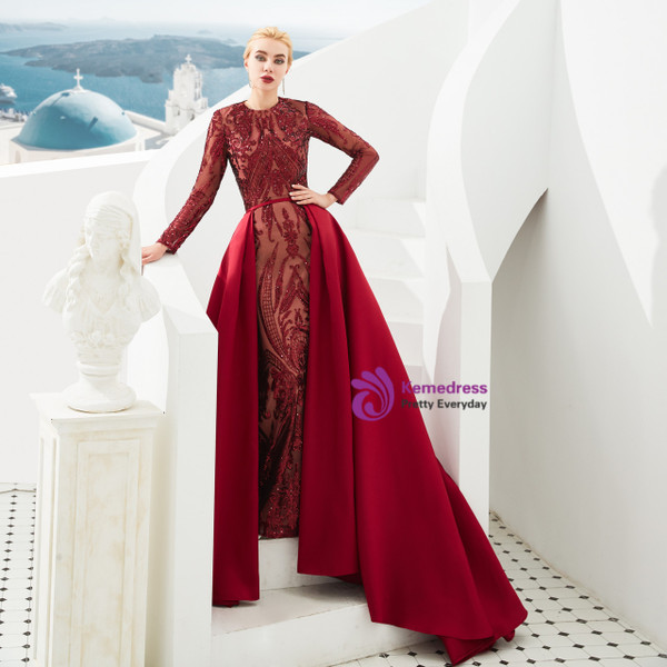 Trendy Burgundy Mermaid Sequins Long Sleeve Prom Dress With Removable Train