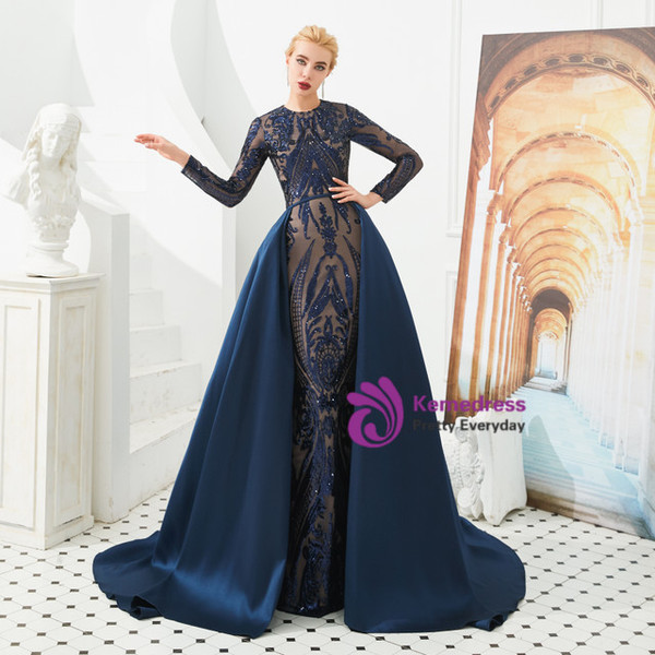 Dreamy Navy Blue Mermaid Sequins Prom Dress With Removable Train