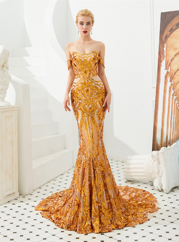 Fabulous Gold Mermaid Sequins Off the Shoulder Prom Dress