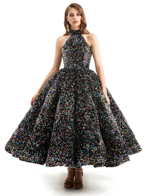 Colorful Sequins Halter Backless Tea Length Prom Dress