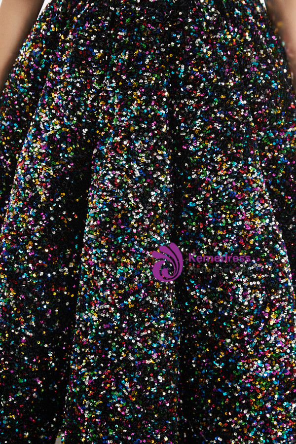 Colorful Sequins Halter Backless Tea Length Prom Dress