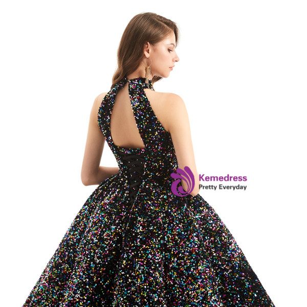 Colorful Sequins Halter Backless Tea Length Prom Dress