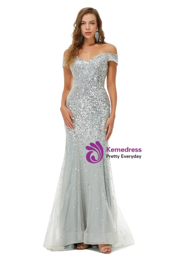 Silver Gray Off the Shoulder Beading Sequins Prom Dress