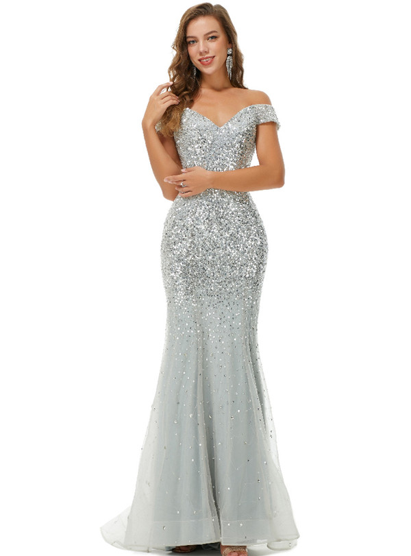 Silver Gray Off the Shoulder Beading Sequins Prom Dress