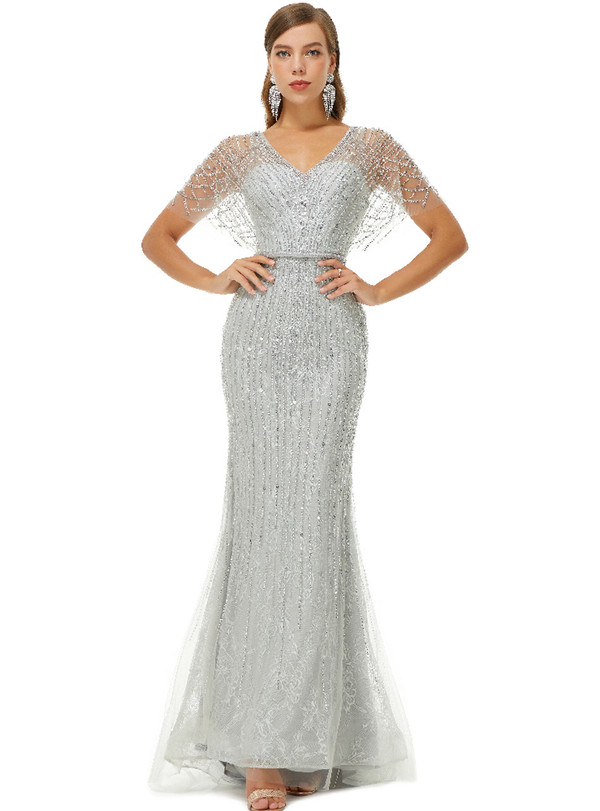 Silver Gray Mermaid Bat Sleeve Beading Sequins Prom Dress