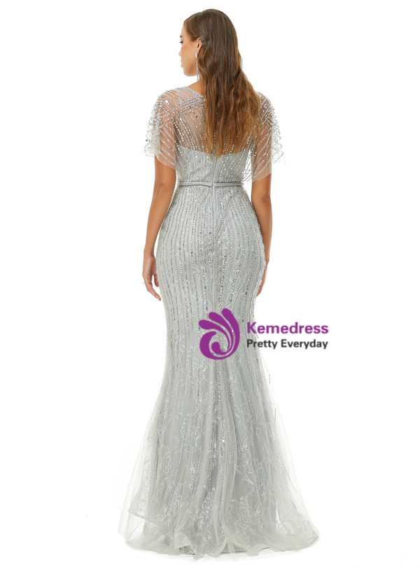 Silver Gray Mermaid Bat Sleeve Beading Sequins Prom Dress