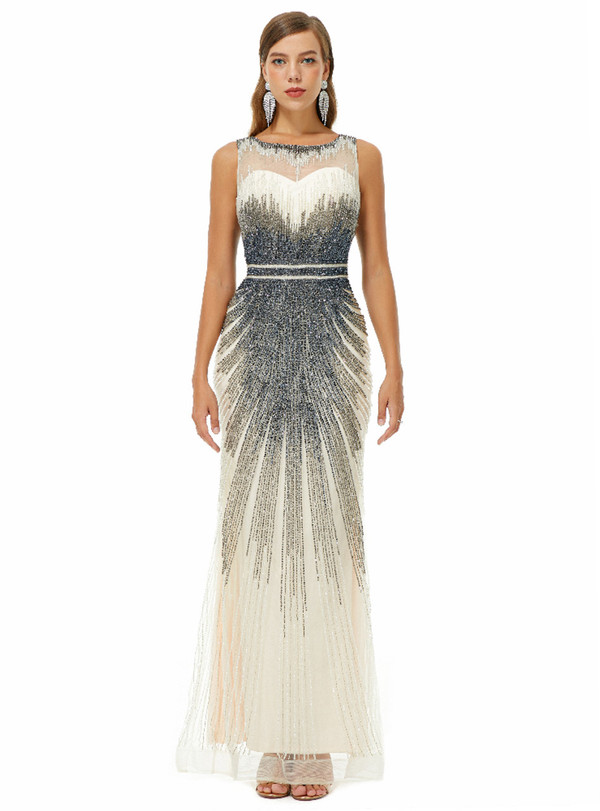 Champagne Mermaid Tulle Gray Beading Sleeveless Prom Dress