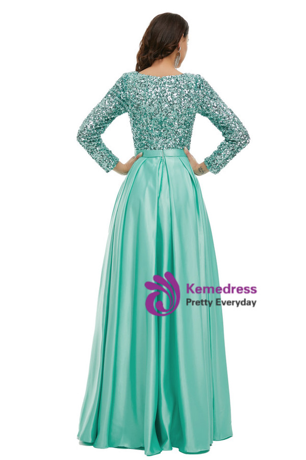 Satin Sequins Square Long Sleeve Square Prom Dress