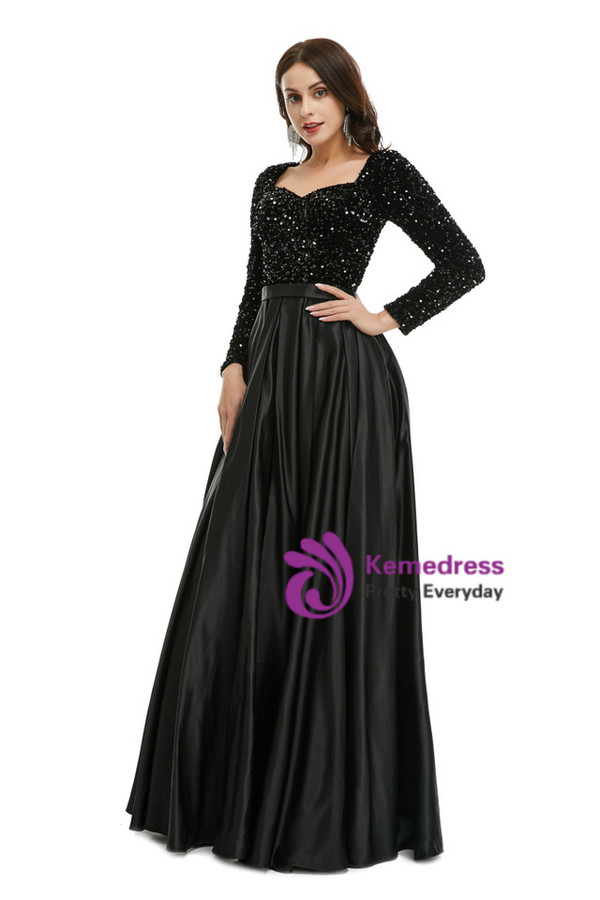 Black Long Sleeve Satin Sequins Prom Dress