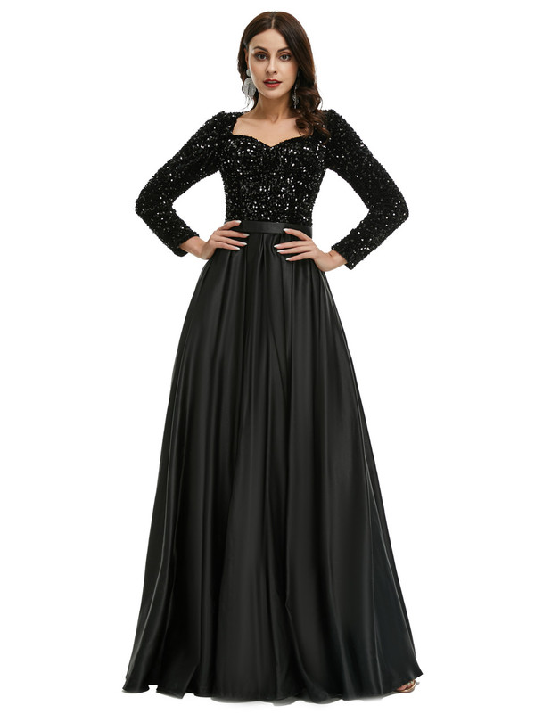 Black Long Sleeve Satin Sequins Prom Dress