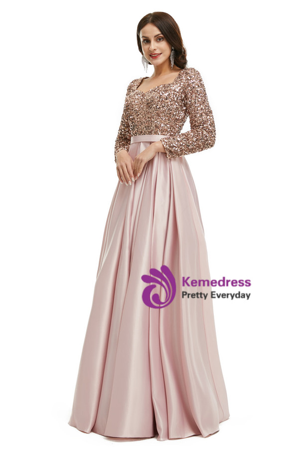 Pink Long Sleeve Satin Sequins Square Pleats Prom Dress