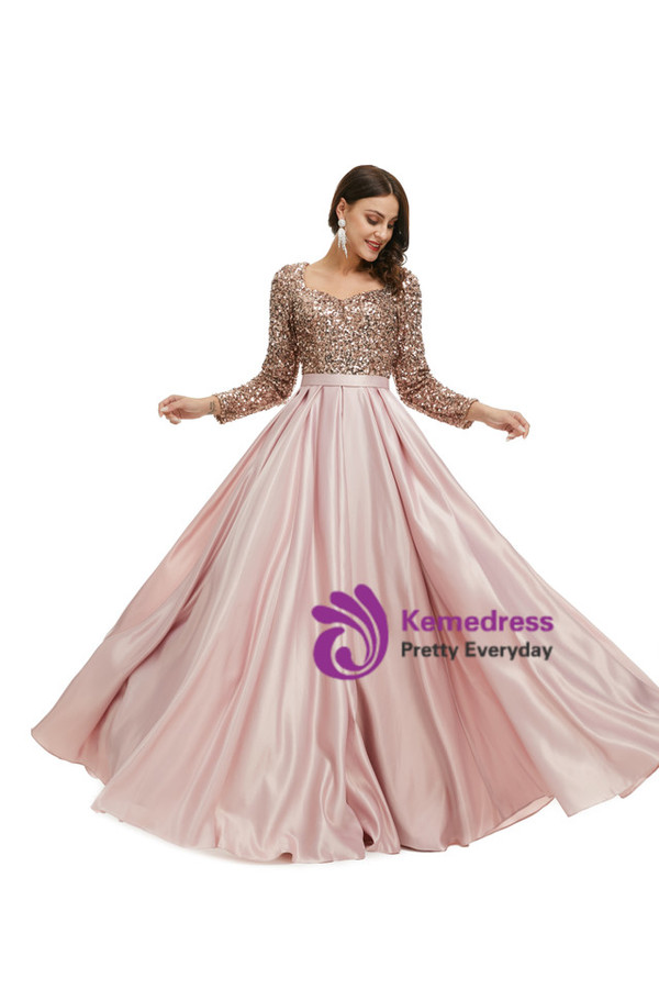 Pink Long Sleeve Satin Sequins Square Pleats Prom Dress