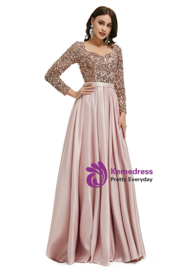 Pink Long Sleeve Satin Sequins Square Pleats Prom Dress