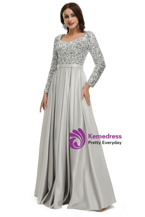 Long Sleeve Silver Gray Satin Sequins Prom Dress