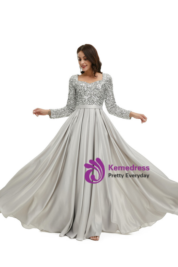Long Sleeve Silver Gray Satin Sequins Prom Dress