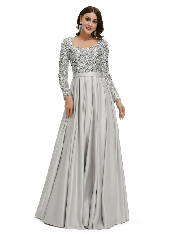 Long Sleeve Silver Gray Satin Sequins Prom Dress