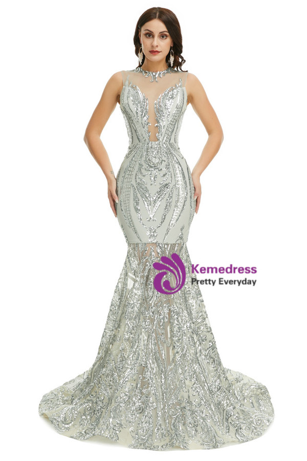 Silver Gray Mermaid See-through Sequins Long Prom Dress