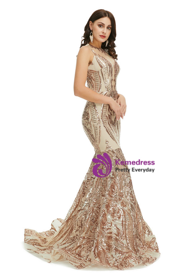 Champagne Gold Mermaid Sequins Sleeveless Prom Dress