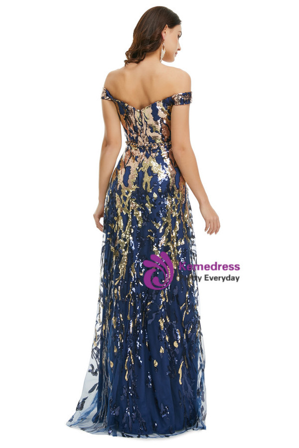 Navy Blue Tulle Gold Sequins Long Prom Dress