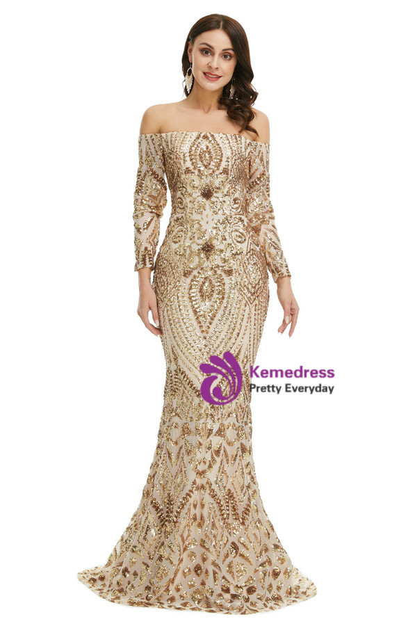 Gold Mermaid Sequins Off the Shoulder Long Sleeve Prom Dress