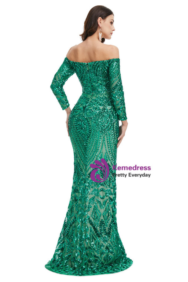 Sweet Green Long Sleeve Off the Shoulder Mermaid Sequins Prom Dress