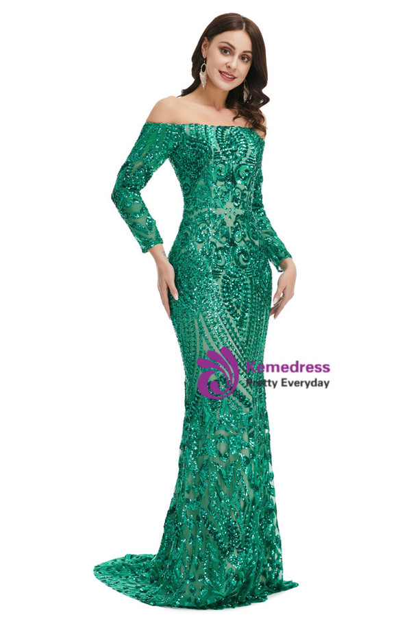 Sweet Green Long Sleeve Off the Shoulder Mermaid Sequins Prom Dress