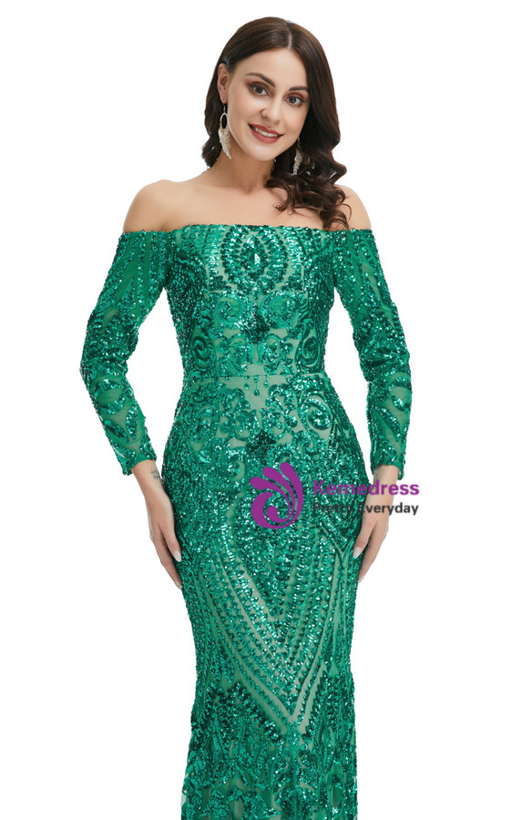 Sweet Green Long Sleeve Off the Shoulder Mermaid Sequins Prom Dress