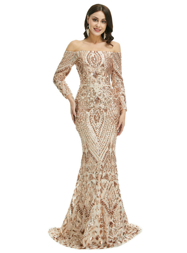Champagne Gold Mermaid Sequins Long Sleeve Prom Dress