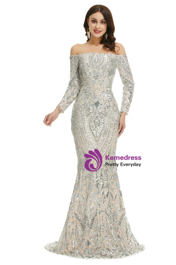 Silver Gray Mermaid Sequins Long Sleeve Prom Dress