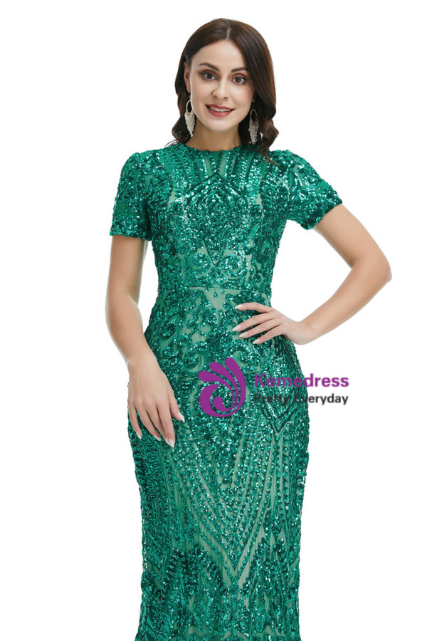 Amazing Green Mermaid Sequins Short Sleeve Prom Dress