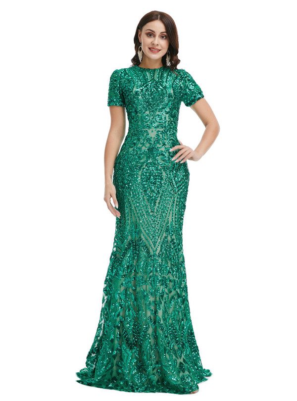 Amazing Green Mermaid Sequins Short Sleeve Prom Dress