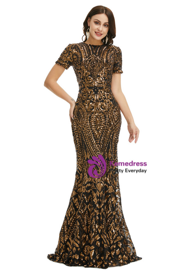 Black Gold Mermaid Sequins Short Sleeve Prom Dress