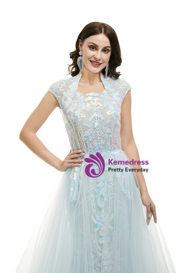 A-Line Light Blue Tulle Sequins Prom Dress