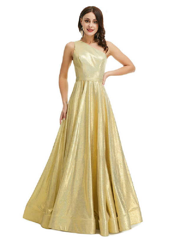 Gold Satin One Shoulder Sleeveless Prom Dress With Split