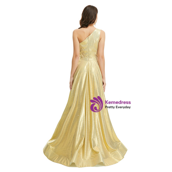 Gold Satin One Shoulder Sleeveless Prom Dress With Split