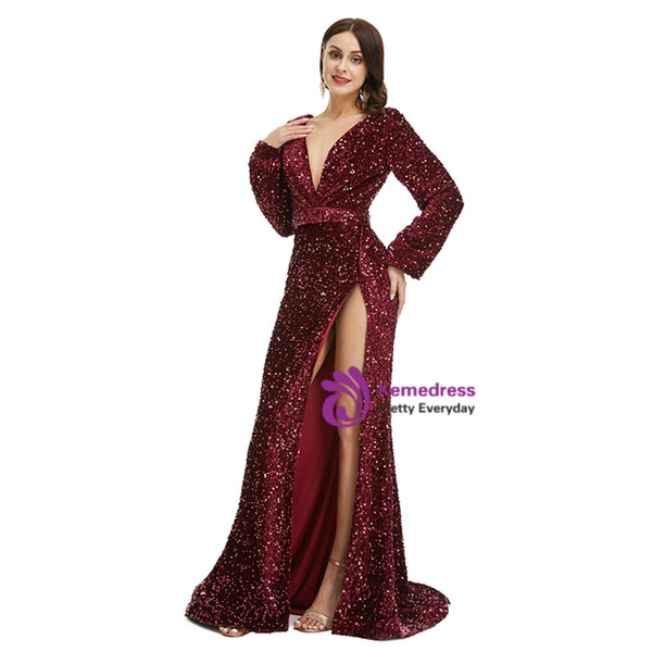 Burgundy Mermaid Long Sleeve V-neck Sequins Prom Dress