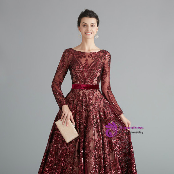 Burgundy Sequins Long Sleeve Backless Prom Dress