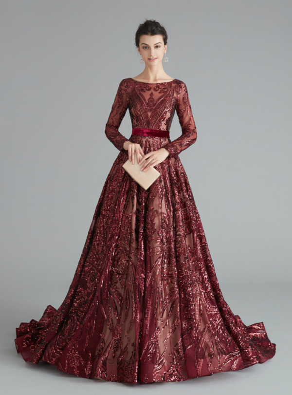 Burgundy Sequins Long Sleeve Backless Prom Dress