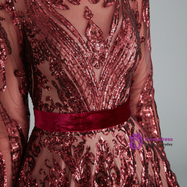 Burgundy Sequins Long Sleeve Backless Prom Dress