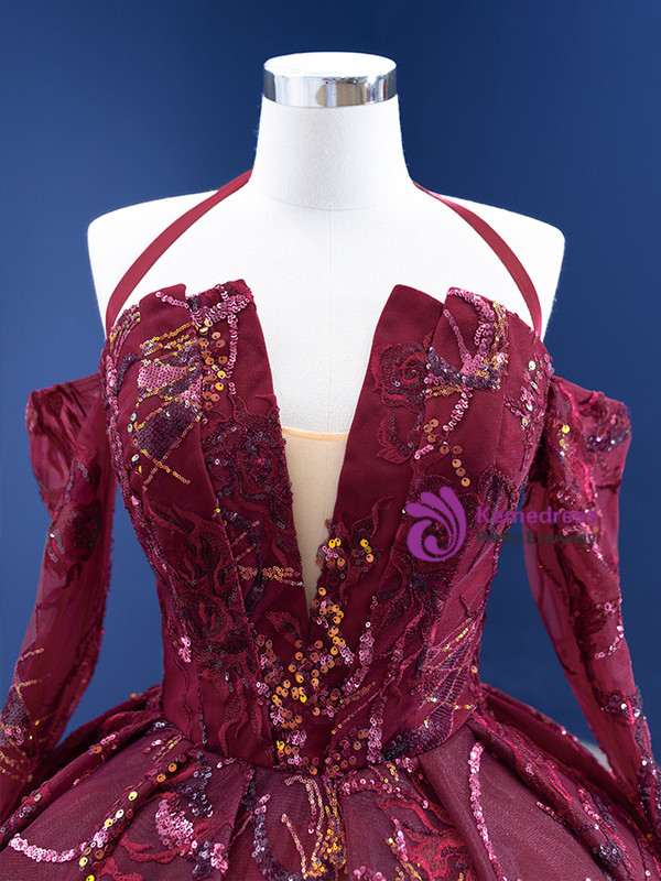 Burgundy Tulle Sequins Embroidery Long SLeeve Prom Dress
