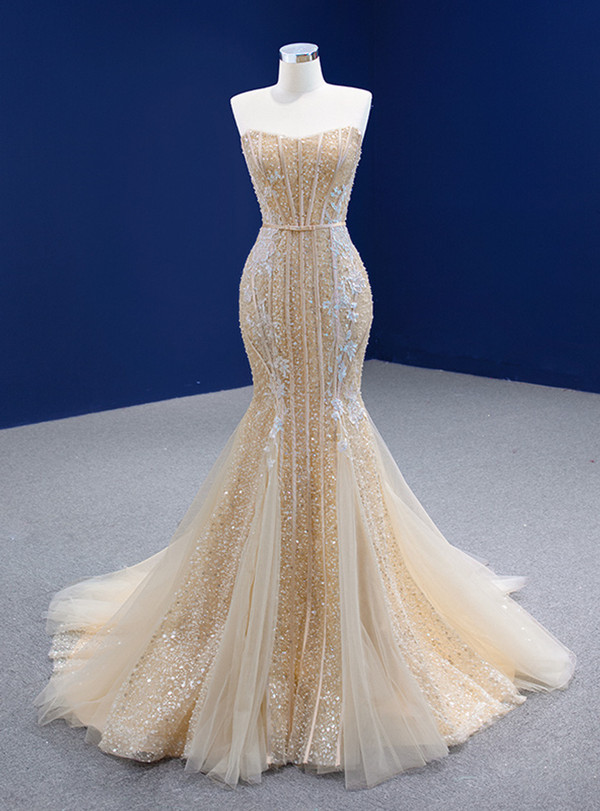 Champagne Mermaid Sequins Appliques Prom Dress