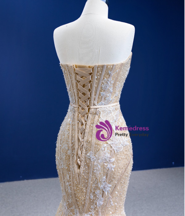 Champagne Mermaid Sequins Appliques Prom Dress