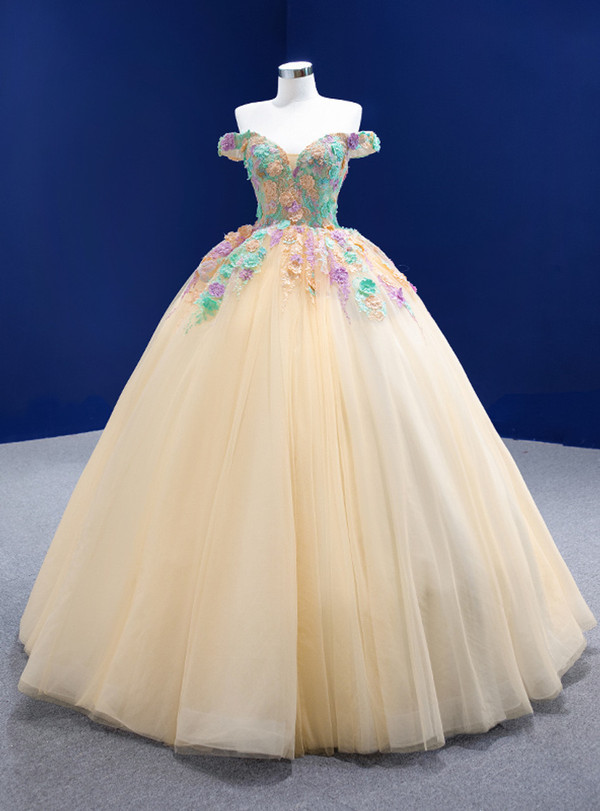 Champagne Tulle Colorful Appliques Off the Shoulder Prom Dress
