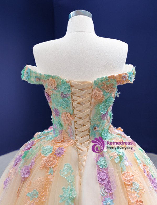 Champagne Tulle Colorful Appliques Off the Shoulder Prom Dress