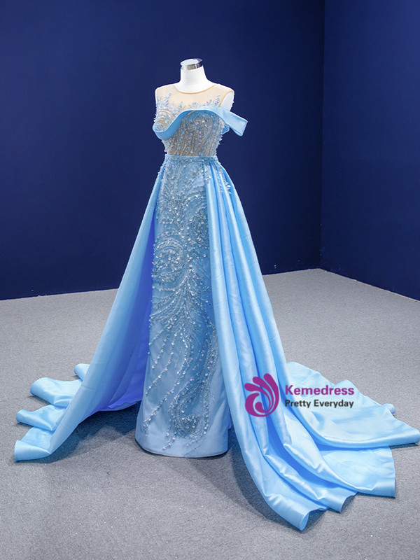 Blue Satin Sequins Beading Sleeveless Prom Dress