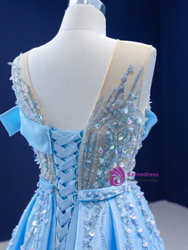 Blue Satin Sequins Beading Sleeveless Prom Dress